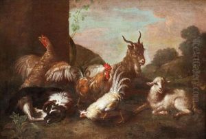 Poultry, A Goat And A Sheep In A Farmyard With A Landscape Beyond by Melchior de Hondecoeter