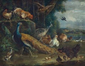 A Peacock, A Peahen, Chickens And Other Birds By A River