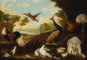 A Peacock, A Cockerel, A Hen And Her Chicks, A Grouse And Other Foul In A Wooded River Landscape