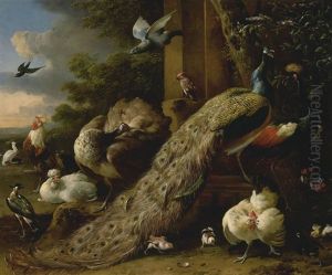 A Peacock And Pea Hen With A Crane, Chickens And Other Birds In A Landscape