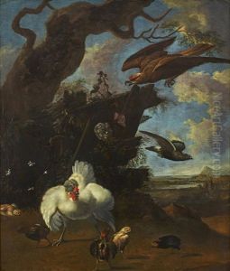 Hens, Chickens, A Dove And A Bird Of Prey In A Landscape by Melchior de Hondecoeter