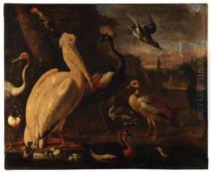 A Pelican And Other Birds By The Water by Melchior de Hondecoeter