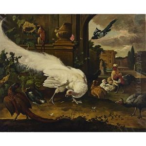Der Weisse Pfau (the White Peacock) (with Pheasant, Lapwing, Magpie, Brown Spider Monkey, Cockerel, Bantams And A Guinea Fowl In An Ornamental Parkland Landscape)