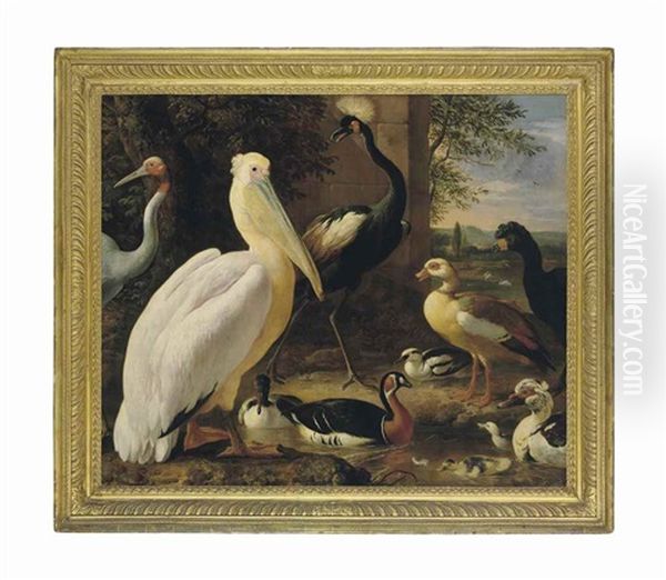 A Pelican, A Crowned Crane, A Curassow, A Sarus Crane And Ducks In A River Landscape - view 1