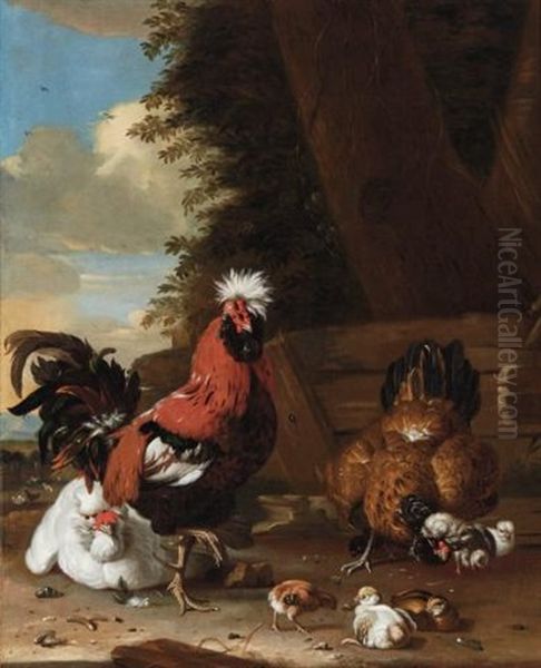 A Bantam Cockerel With Hens And Chicks In A Farmyard - view 1