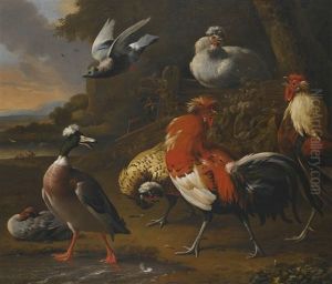 Cockerels, Duck, Chickens And A Flying Pigeon In A Landscape, A Lake Beyond by Melchior de Hondecoeter