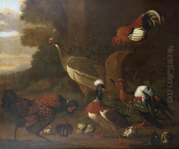 A Peacock, Cockerels, Ducks And Ducklings In A Landscape - view 1