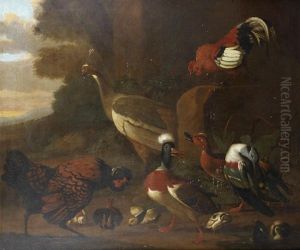 A Peacock, Cockerels, Ducks And Ducklings In A Landscape