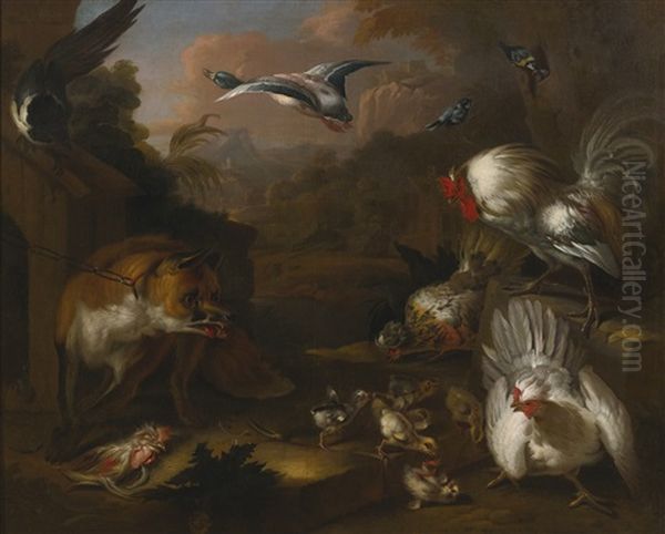 Fox In A Farmyard With A Family Of Chickens - view 1