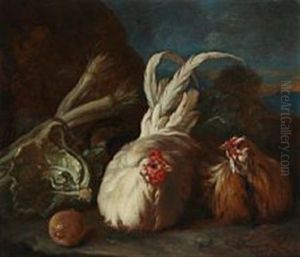Hens Surrounded By Vegetables And Fruit Hens Surrounded By Vegetables And Fruit