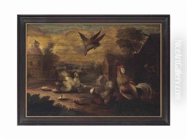 A Farmyard Scene With Chicken, Chicks And A Cockerel, An Eagle Approaching, Landscape With Windmill Beyond - view 1