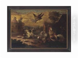 A Farmyard Scene With Chicken, Chicks And A Cockerel, An Eagle Approaching, Landscape With Windmill Beyond