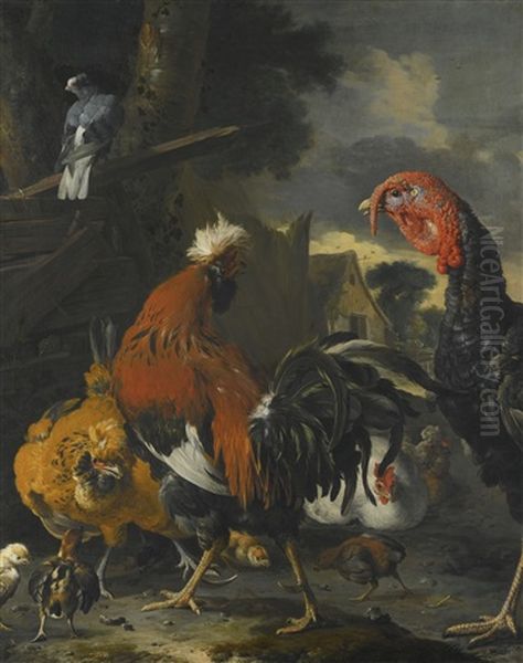 A Cockerel, A Turkey, Hens And Chickens In A Farmyard - view 1