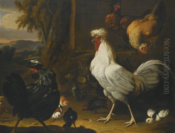 Chickens And Their Young In A Park Landscape - view 1