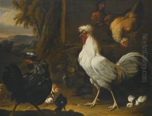 Chickens And Their Young In A Park Landscape