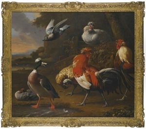 Cockerels, Duck, Chickens And A Flying Pigeon In A Landscape, A Lake Beyond