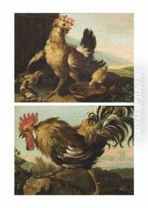 A Hen With Its Chicks; And A Cockrell (pair)