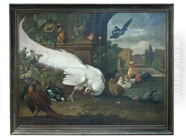 A White Peacock, Pheasant, Lapwing, Magpie, Brown Spider Monkey, Cockerel, Bantams And A Guinea Fowl In An Ornamental Parkland Landscape - view 1