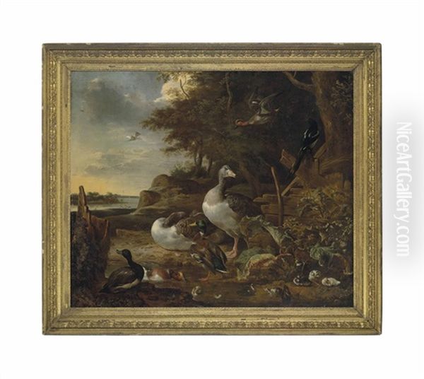 A Wooded Landscape With Geese, Mallard Ducks, A Teal And Other Ducks With Ducklings And A Magpie By A Pond, A Lake Beyond - view 1