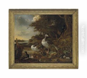 A Wooded Landscape With Geese, Mallard Ducks, A Teal And Other Ducks With Ducklings And A Magpie By A Pond, A Lake Beyond