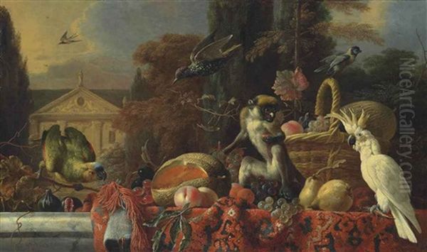 A Cockatoo, A Monkey By A Wicker Basket Of Fruit, With A Blue Fronted Amazon Parrot And Figs, A Melon, Peaches And Other Fruit On A Partially Draped Marble Ledge, With A Starling And A Swallow In A Wooded Landscape, A Classical Building Beyond - view 1