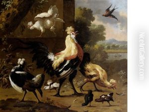 A Cockerel, Chickens, Fledglings And Other Birds In A Landscape