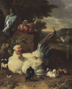 A Hen, Chicks, Doves And Peacocks Beside A Stone Wall In A Landscape
