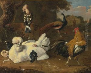 A Tufted Hen, A Rooster, A Hoopoe, A Peacock, And Other Exotic Birds In A Park