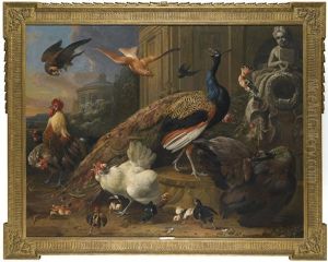 A Peacock And Peahen, Together With A Cockerel And Other Poultry, A Swallow, Pigeon And Hoopoe Beside A Fountain In A Garden, All Disturbed By The Arrival Of A Falcon