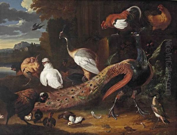 A Peaken, Hens, Chicks And A Rooster In A Park Landscape - view 1