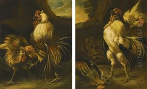 Two Cockerels Fighting In A Landscape And Three Cockerels Fighting In A Landscape (pair)