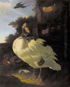 Enten, Huhn Und Schwalbe Vor Gemauer