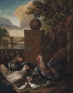 Cockerels And A Hen Before A Lake, A Villa Beyond