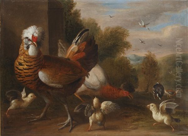 A Cockerel With Two Pigeons In An Open Landscape; A Chicken With Chicks With A Landscape Beyond (pair) - view 1