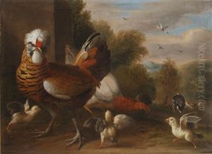 A Cockerel With Two Pigeons In An Open Landscape; A Chicken With Chicks With A Landscape Beyond (pair)