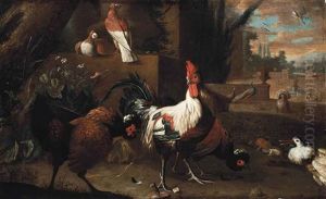 A Cockerel, Hens And Pigeons In A Landscape With Peacocks, A Turkey And Other Birds Before A Distant Fountain