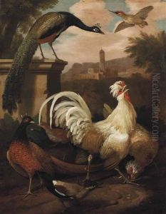 A Cockerel, A Pheasant, A Peacock And Other Birds In A Landscape, A Church Beyond