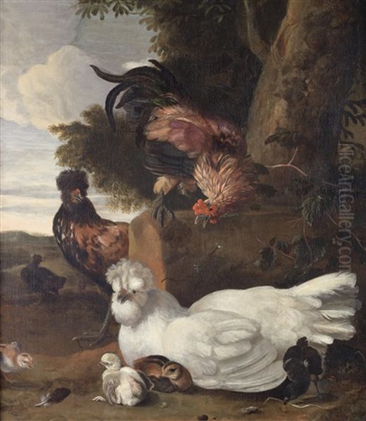 A Cockerel, Hen And Other Decorative Fowl In A Farmyard - view 1