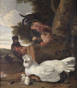 A Cockerel, Hen And Other Decorative Fowl In A Farmyard
