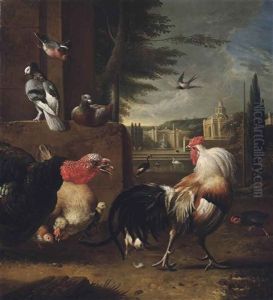 A Cockerel, A Turkey And Other Birds In A Landscape, An Elegant Courtyard Beyond