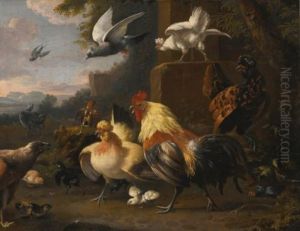 An Eagle, A Cockerell, Hens, A Pigeon In Flight And Other Birds In A Landscape