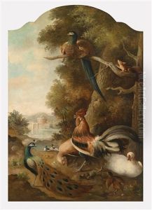 Ein Jagdstillleben Beziehungsweise Ein Geflugelbild Mit Pfau, Hahn Und Fasan Vor Landschaftshintergrund (2 Works)