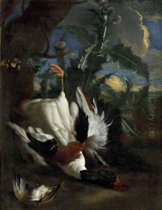 Jagdstillleben Mit Erlegter Ente Und Vogel Vor Groser Distel In Landschaft
