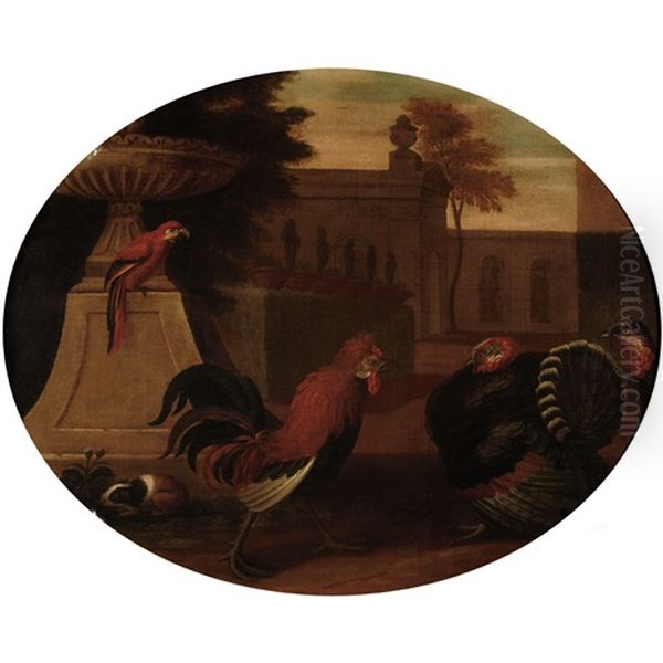 Rooster Confronting Turkeys, With A Macaw And Guinea Pig In A Classical Landscape - view 1