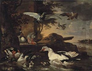 A Shoveler, A Muscovy Duck, A Mallard, Pochards And Other Waterfowl With Ducklings On The Banks Of A River, With A Pigeon And A Bird Of Prey In The Air