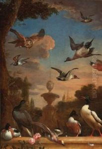 A Classical Garden Landscape With A Mallard, A Golden Eagle And Other Wild Fowl In Flight