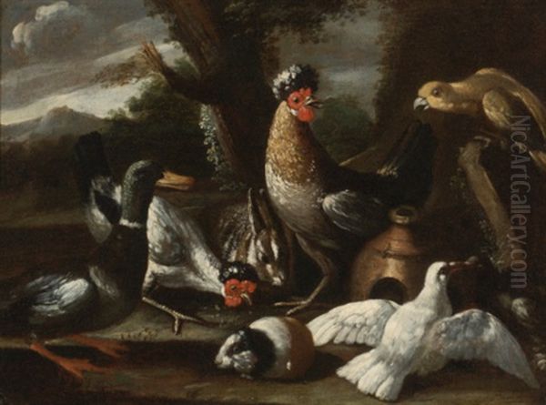 A Parrot, Chickens, A Duck, And Turtledoves, Together With A Rabbit And A Guinea Pig In A Landscape - view 1