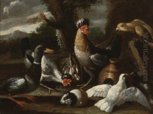 A Parrot, Chickens, A Duck, And Turtledoves, Together With A Rabbit And A Guinea Pig In A Landscape