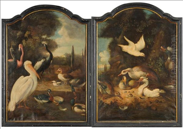 Birds In A Classical Landscape (+ Ducks Beside A Rocky Outcrop; Pair) - view 1