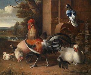 Huhnerhof Mit Ausblick In Eine Landschaft by Melchior de Hondecoeter